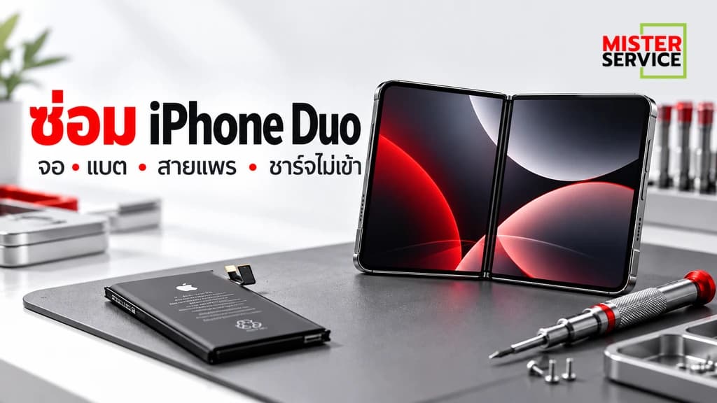 ภาพประกอบแนวคิดซ่อม iPhone Duo พร้อมอุปกรณ์ซ่อมและโลโก้ Mister Service