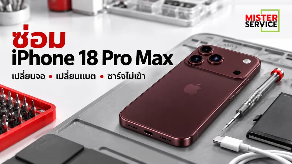 iPhone 18 Pro Max สี Burgundy พร้อมอุปกรณ์ซ่อมและโลโก้ Mister Service