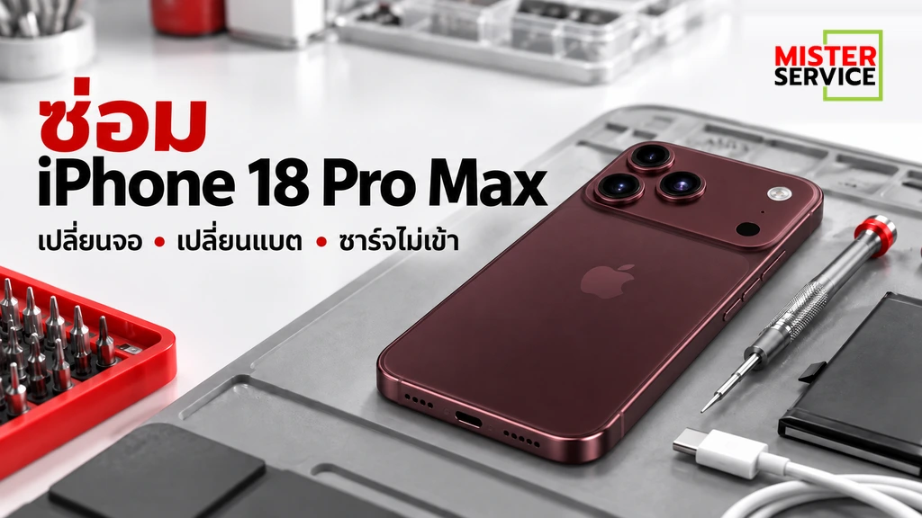 iPhone 18 Pro Max สี Burgundy พร้อมอุปกรณ์ซ่อมและโลโก้ Mister Service